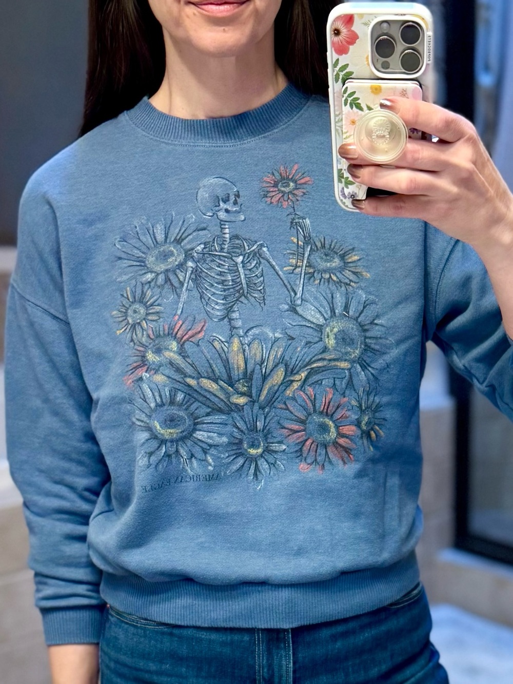 American Eagle Skeleton & Floral Graphic Crewneck Sweatshirt, women’s size XS